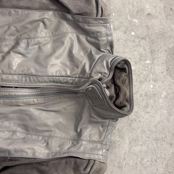 Gray Leather Jacket with Stand-Up Collar and Full-Length Zipper - Picture 7 of 11